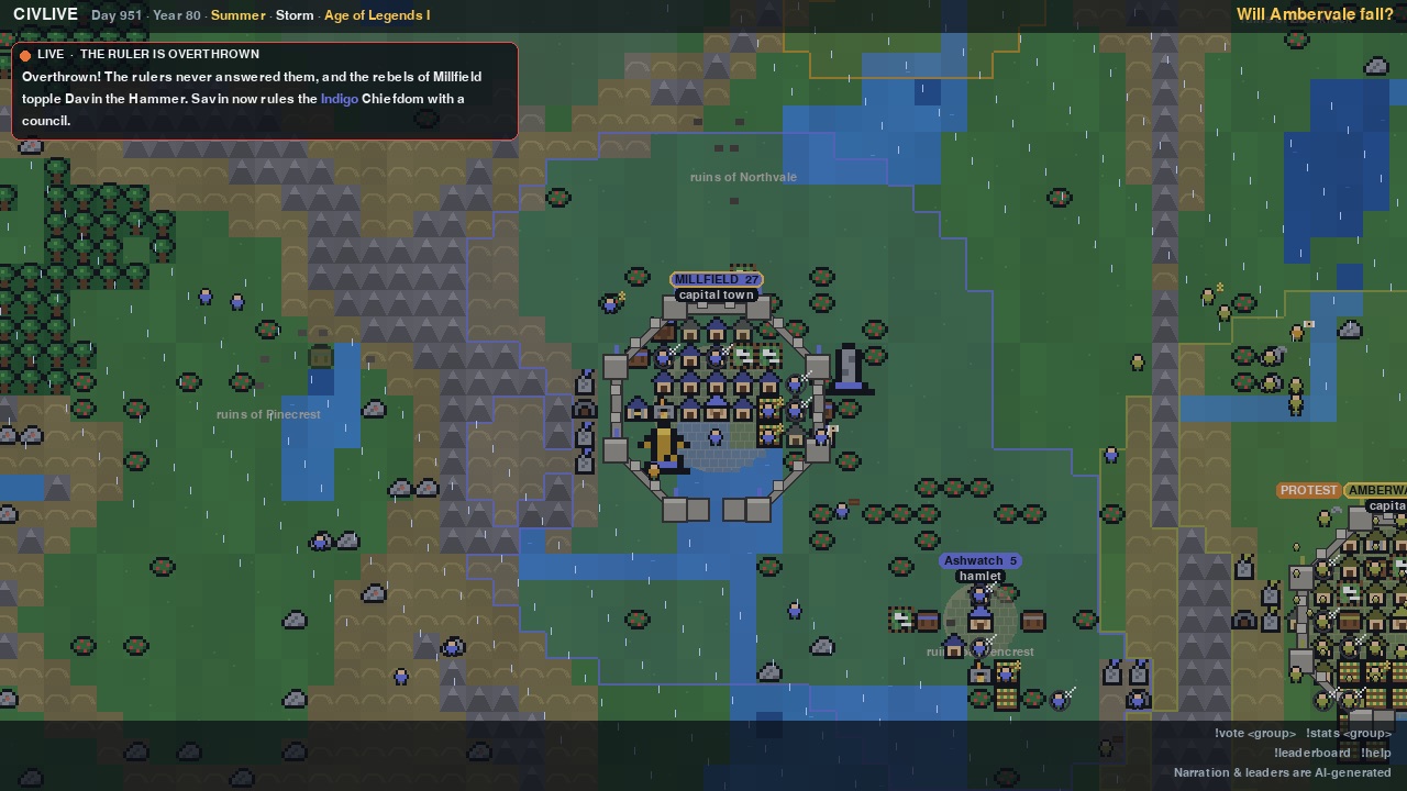 The walled town of Millfield on a pixel-art map, with a banner reading: Overthrown! The rebels of Millfield topple Davin the Hammer.