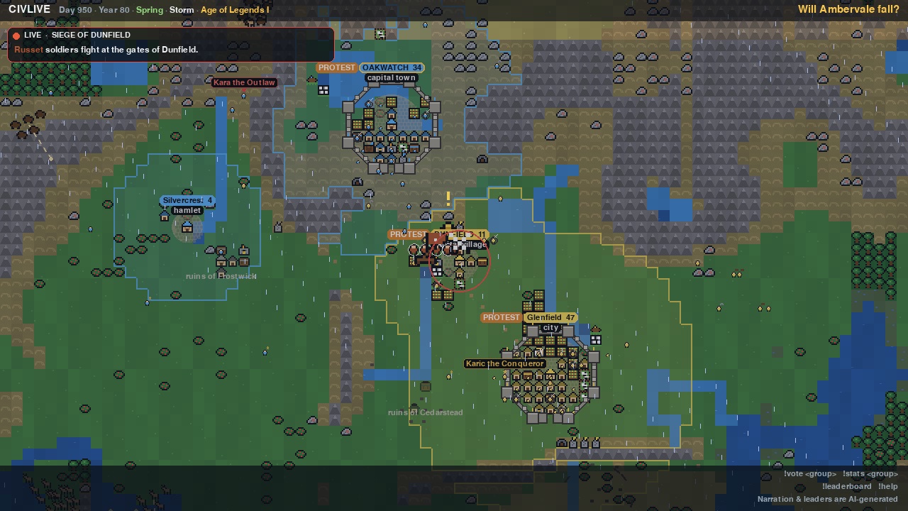 Two walled towns marked with protests, and an army fighting at a village between them.