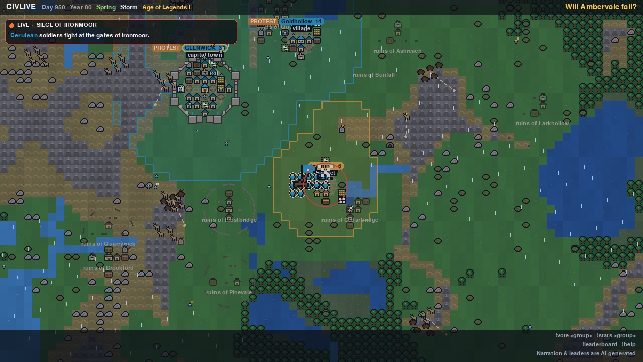 A walled capital and a besieged hamlet on the map, surrounded by ruins of older towns.
